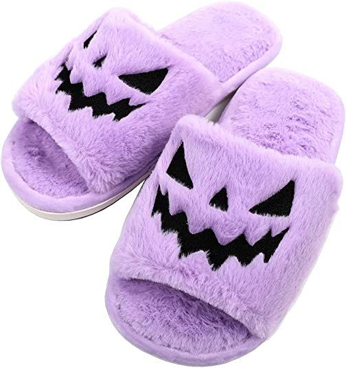 Spooky Slides Halloween Slippers Jack O Lantern Pumpkin Soft Plush Cozy Open Toe Indoor Outdoor Fuzzy Slippers Gifts For Girls Women Girlfriend Men