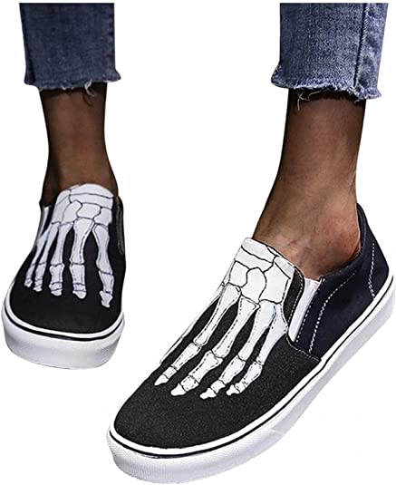 Hbeylia Halloween Decoration Platform Fashion Sneakers Hipster Hip Hop Skeleton Design Low Top Canvas Shoes Casual Chunky Bottom High Heels Walking Shoes Slip On Flats Loafers For Women Fall Decor